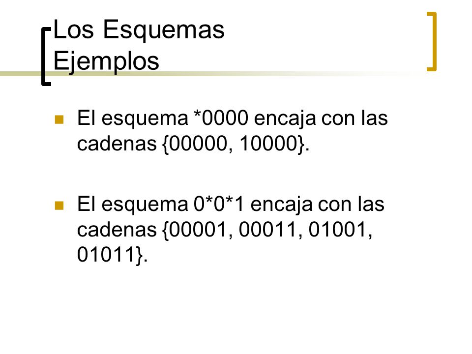 Los Esquemas Ejemplos El esquema *0000 encaja con las cadenas {00000, 10000}.