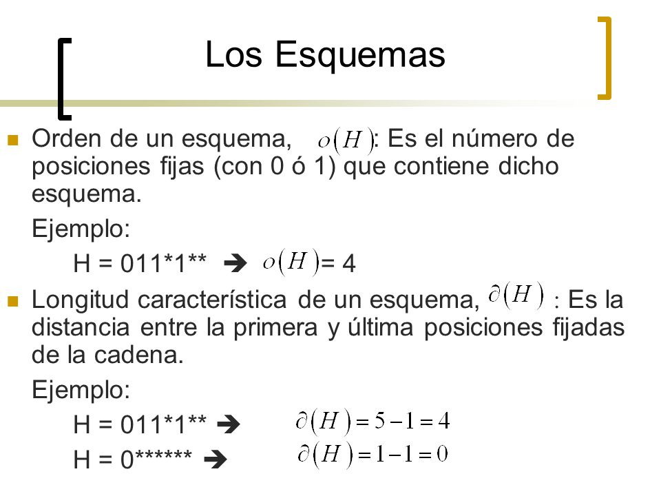 Los Esquemas Orden de un esquema, : Es el número de posiciones fijas (con 0 ó 1) que contiene dicho esquema.