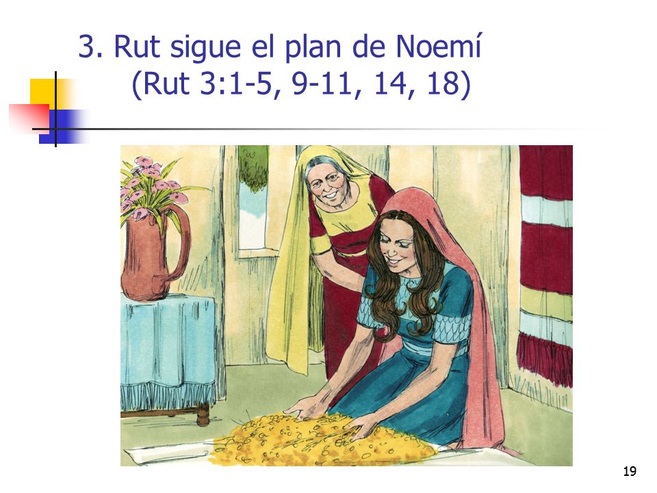 3. Rut sigue el plan de Noemí (Rut 3:1-5, 9-11, 14, 18)