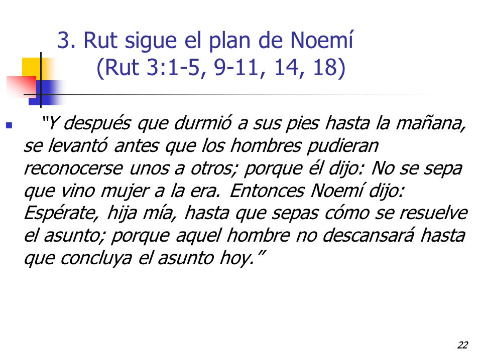 3. Rut sigue el plan de Noemí (Rut 3:1-5, 9-11, 14, 18)