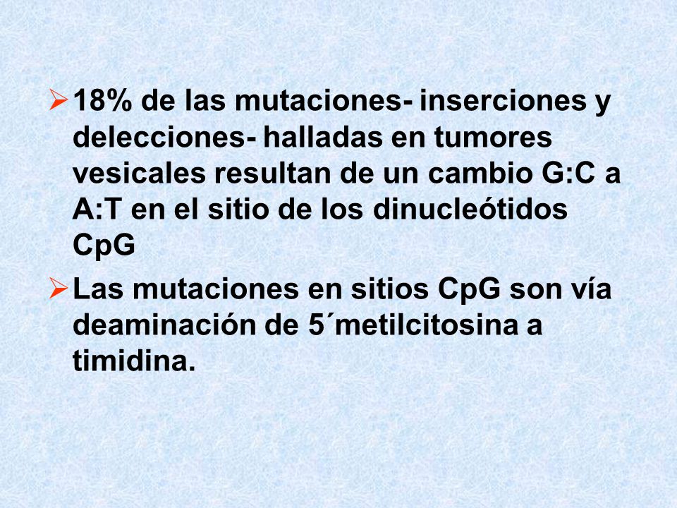 18% de las mutaciones- inserciones y delecciones- halladas en tumores vesicales resultan de un cambio G:C a A:T en el sitio de los dinucleótidos CpG