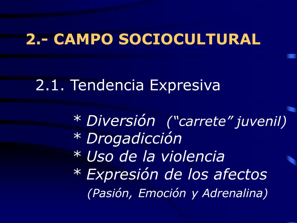 2.- CAMPO SOCIOCULTURAL 2.1. Tendencia Expresiva. * Diversión ( carrete juvenil) * Drogadicción.