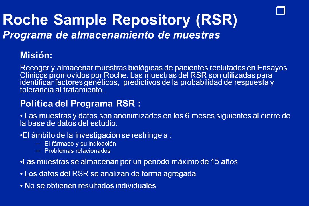 Roche Sample Repository (RSR) Programa de almacenamiento de muestras