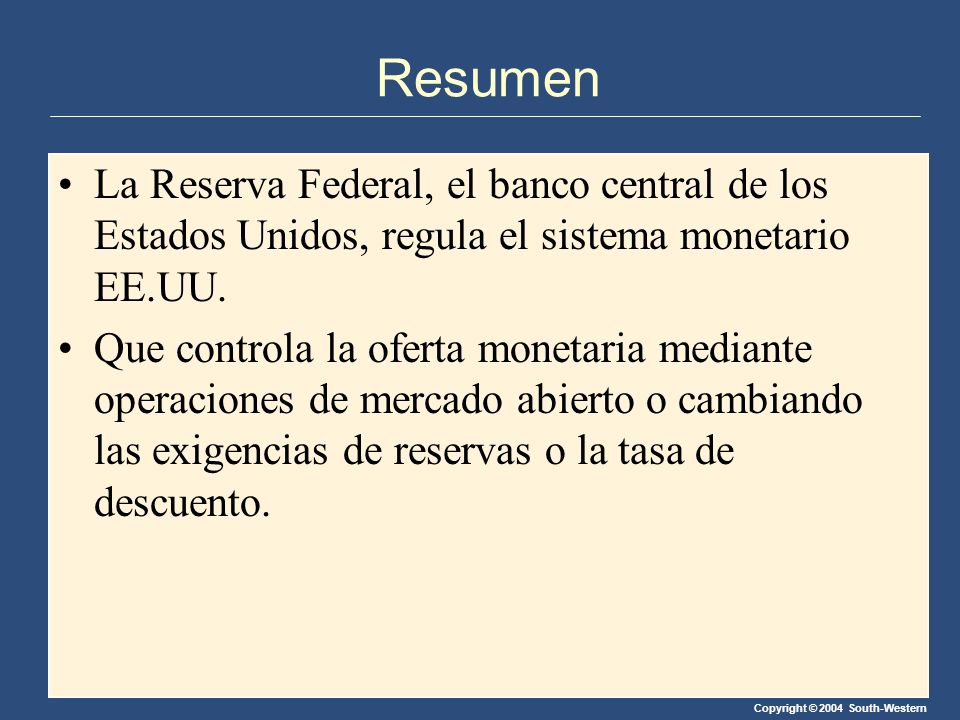 Resumen La Reserva Federal, el banco central de los Estados Unidos, regula el sistema monetario EE.UU.