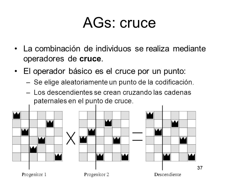 AGs: cruce La combinación de individuos se realiza mediante operadores de cruce. El operador básico es el cruce por un punto: