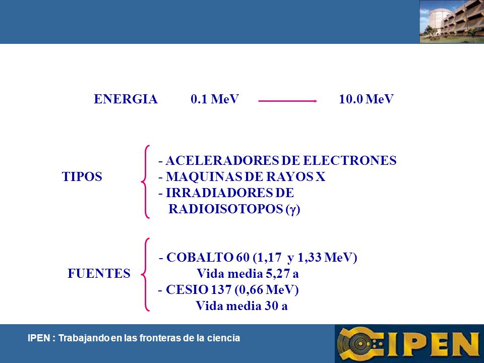 ENERGIA 0.1 MeV 10.0 MeV - ACELERADORES DE ELECTRONES. TIPOS - MAQUINAS DE RAYOS X. - IRRADIADORES DE.