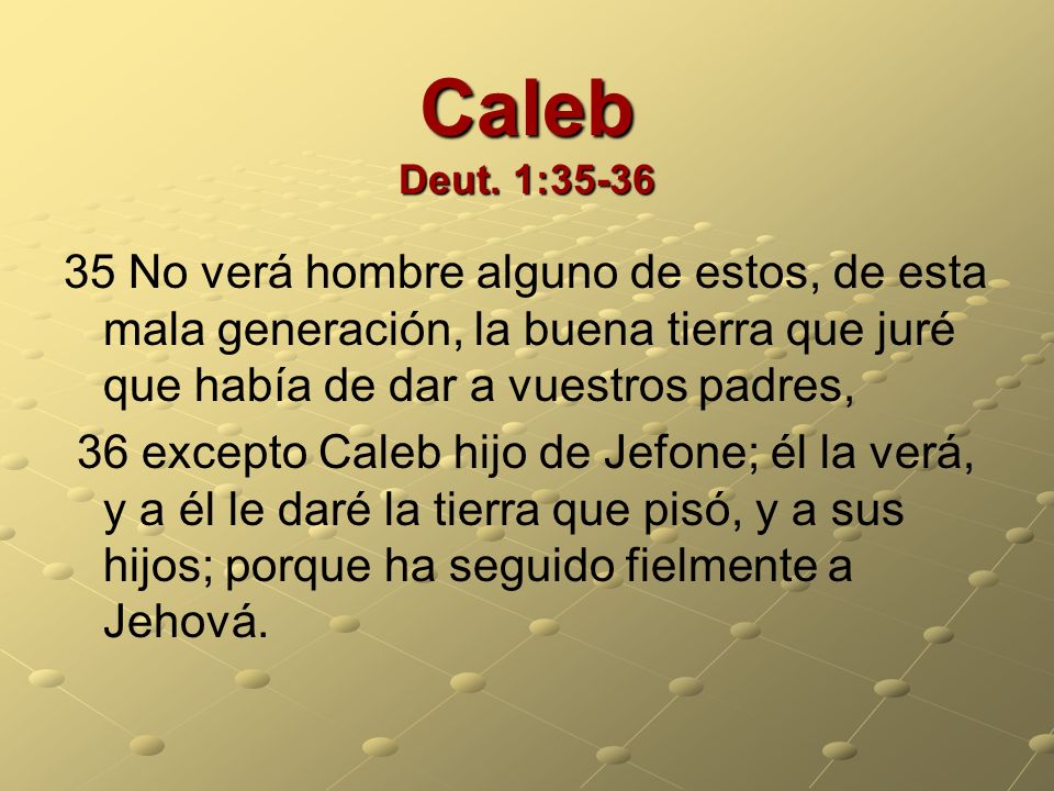 Caleb Deut. 1: No verá hombre alguno de estos, de esta mala generación, la buena tierra que juré que había de dar a vuestros padres,