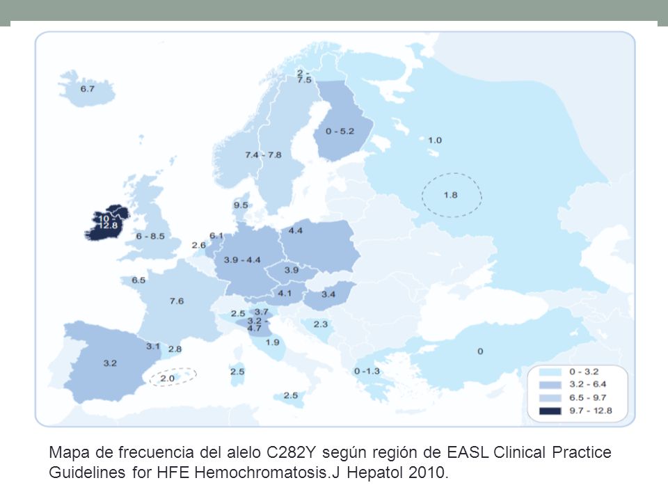 Mapa de frecuencia del alelo C282Y según región de EASL Clinical Practice Guidelines for HFE Hemochromatosis.J Hepatol 2010.