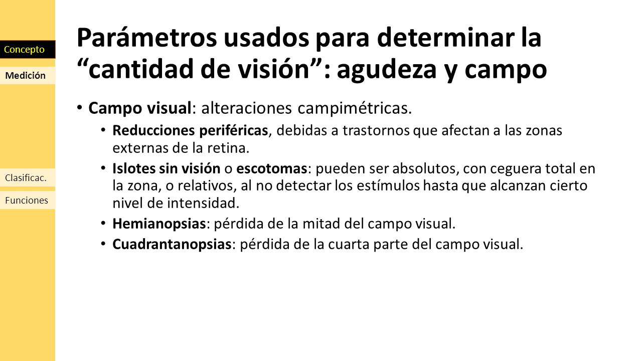 Parámetros usados para determinar la cantidad de visión : agudeza y campo