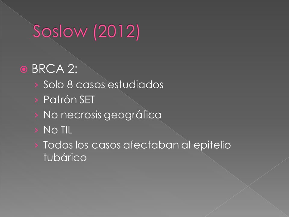 Soslow (2012) BRCA 2: Solo 8 casos estudiados Patrón SET