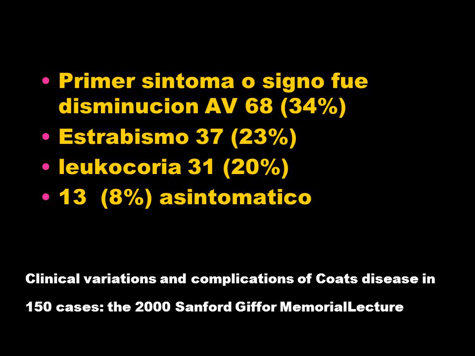 Primer sintoma o signo fue disminucion AV 68 (34%) Estrabismo 37 (23%)