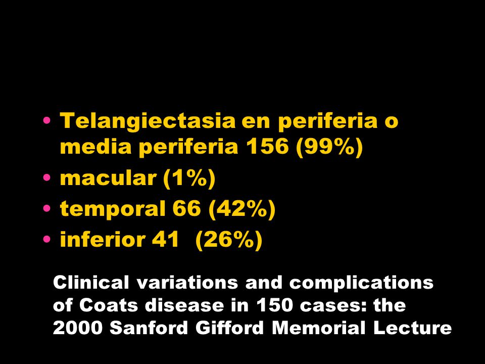 Telangiectasia en periferia o media periferia 156 (99%) macular (1%)