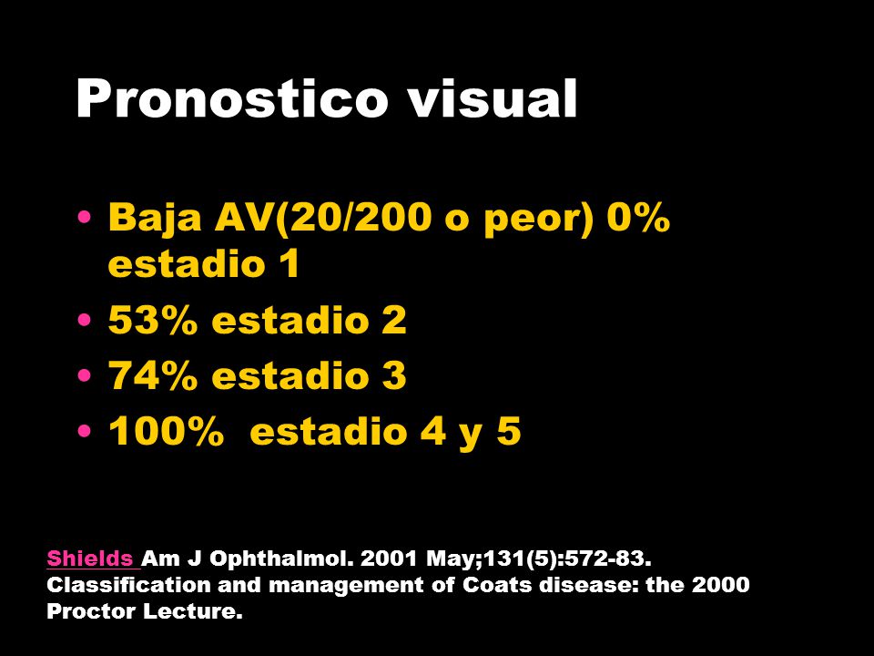 Pronostico visual Baja AV(20/200 o peor) 0% estadio 1 53% estadio 2
