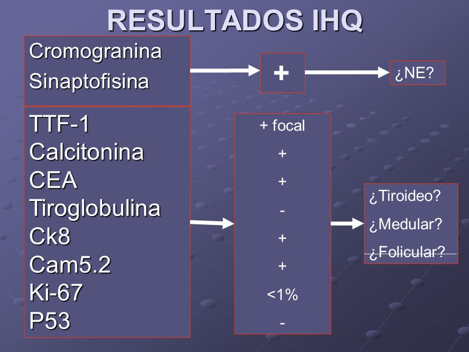 RESULTADOS IHQ + TTF-1 Calcitonina CEA Tiroglobulina Ck8 Cam5.2 Ki-67