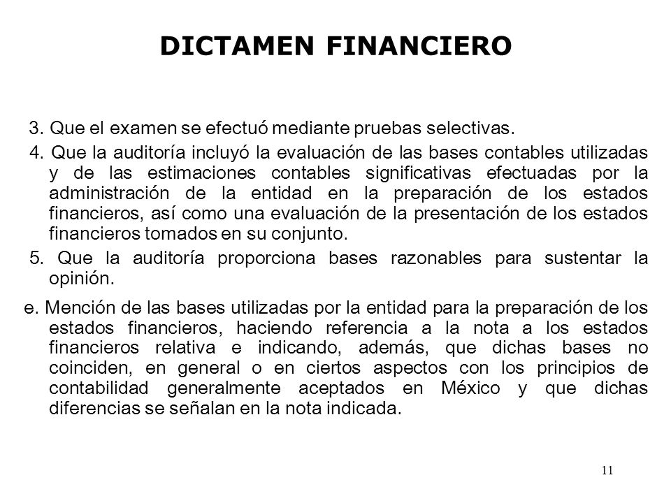 DICTAMEN FINANCIERO 3. Que el examen se efectuó mediante pruebas selectivas.