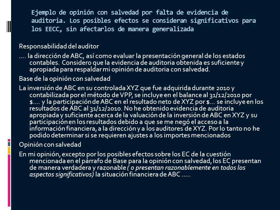 Ejemplo de opinión con salvedad por falta de evidencia de auditoria