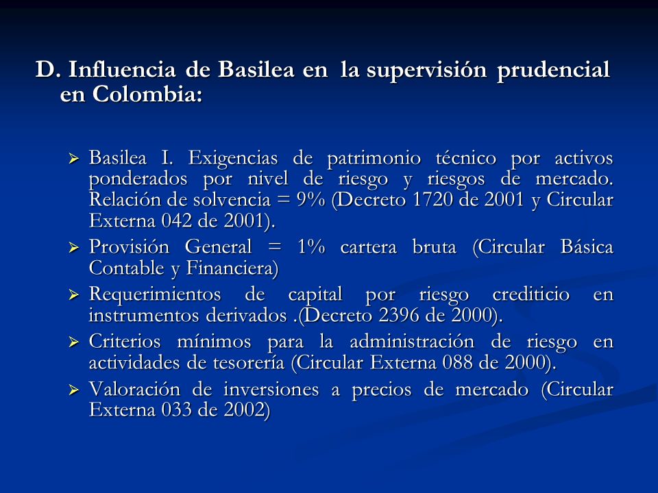 D. Influencia de Basilea en la supervisión prudencial en Colombia: