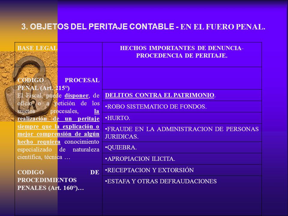 3. OBJETOS DEL PERITAJE CONTABLE - EN EL FUERO PENAL.