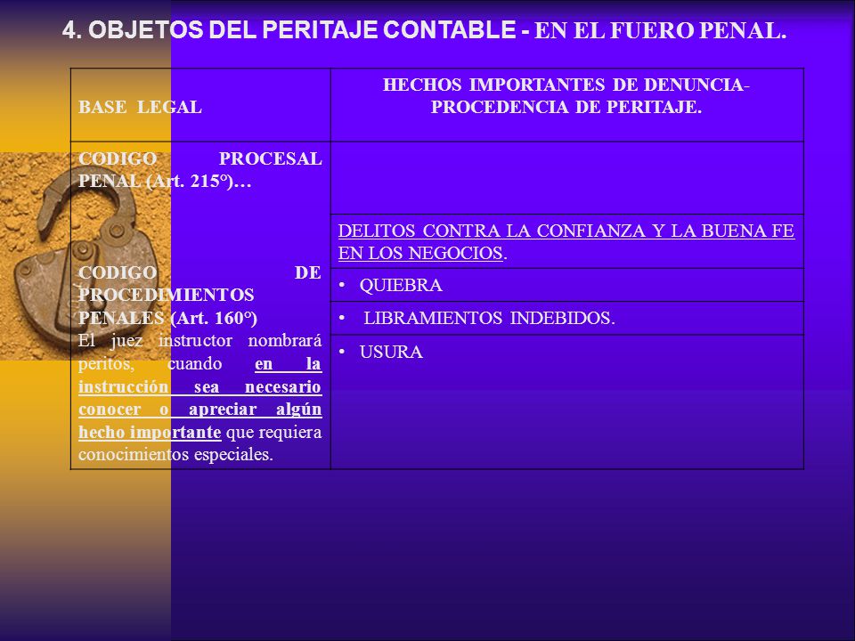 4. OBJETOS DEL PERITAJE CONTABLE - EN EL FUERO PENAL.
