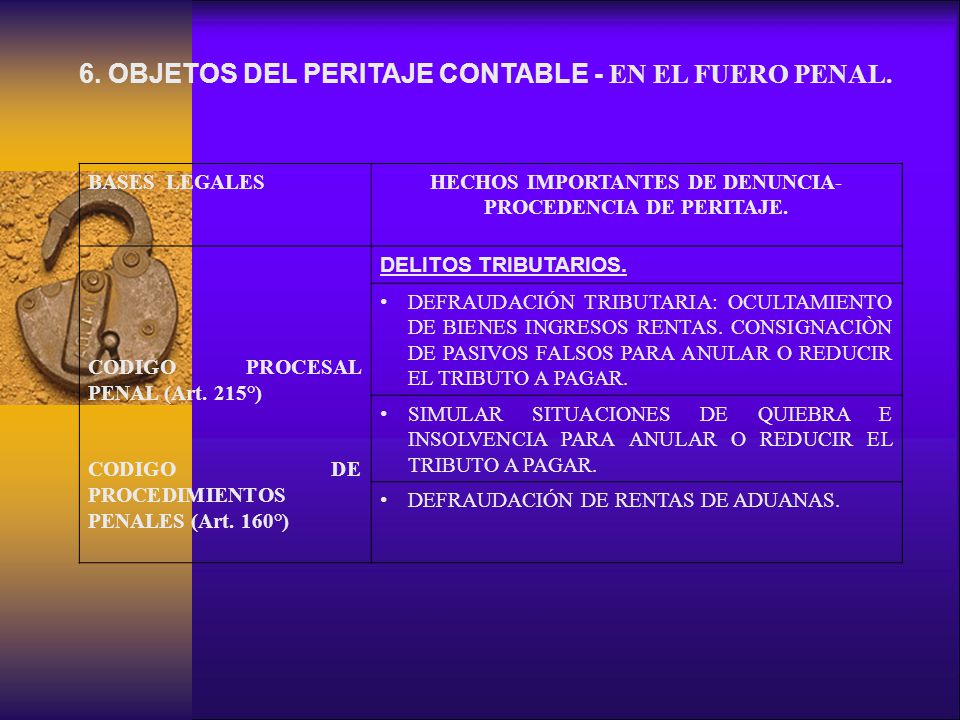 6. OBJETOS DEL PERITAJE CONTABLE - EN EL FUERO PENAL.