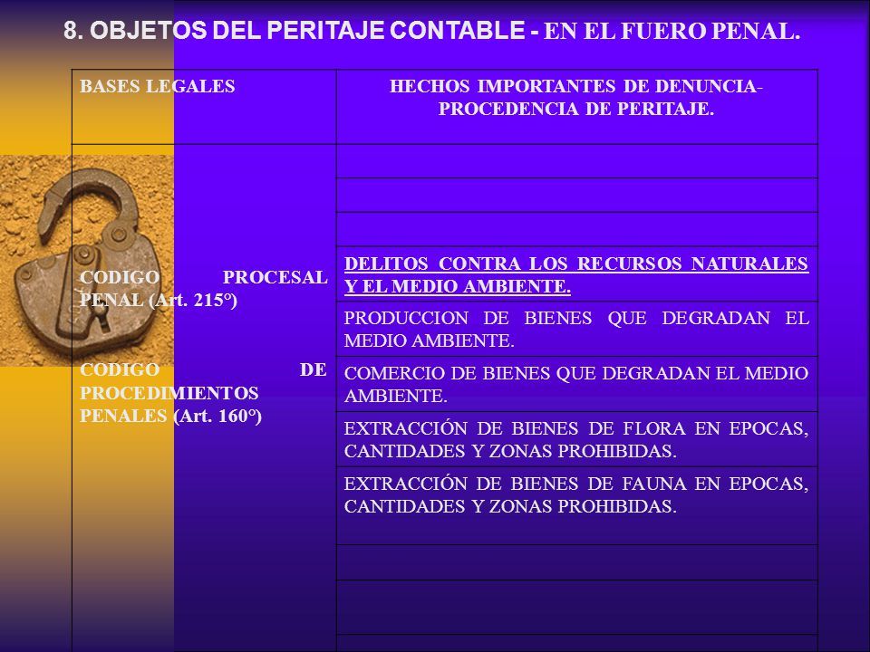 8. OBJETOS DEL PERITAJE CONTABLE - EN EL FUERO PENAL.