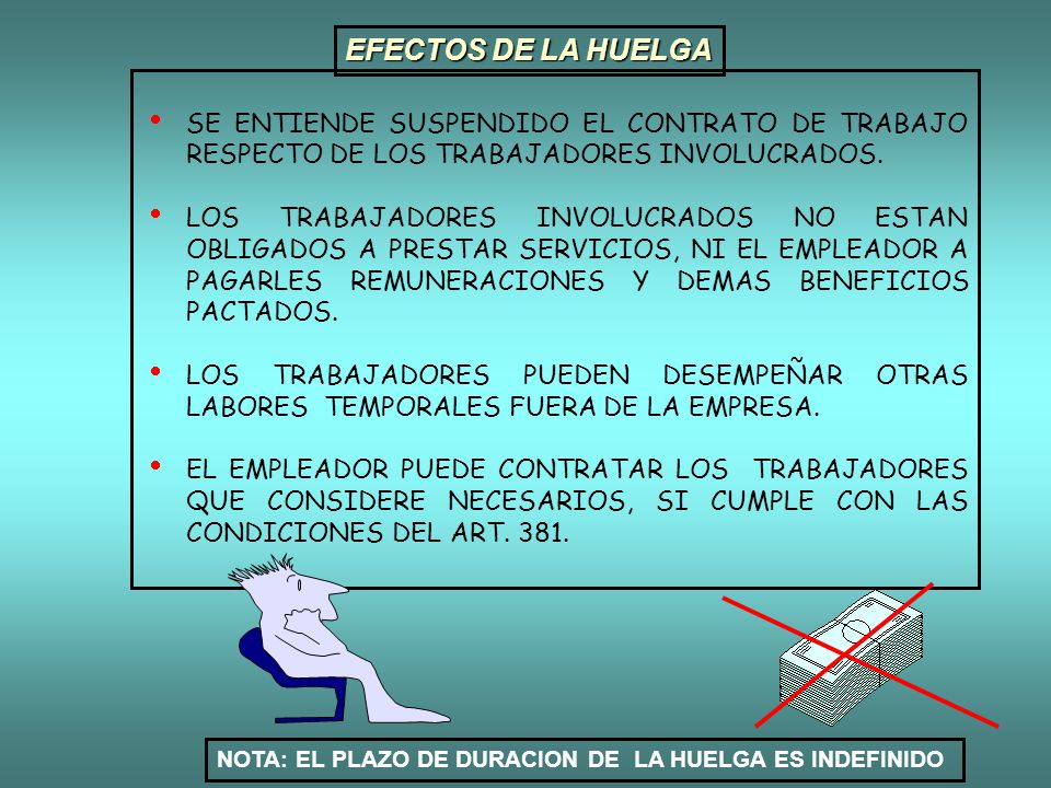 EFECTOS DE LA HUELGA SE ENTIENDE SUSPENDIDO EL CONTRATO DE TRABAJO RESPECTO DE LOS TRABAJADORES INVOLUCRADOS.