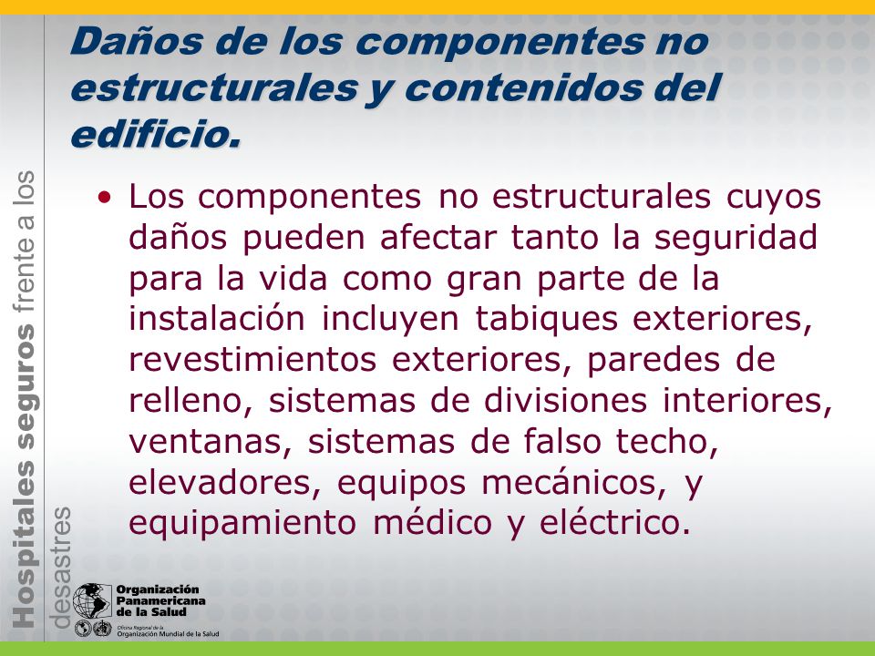 Daños de los componentes no estructurales y contenidos del edificio.