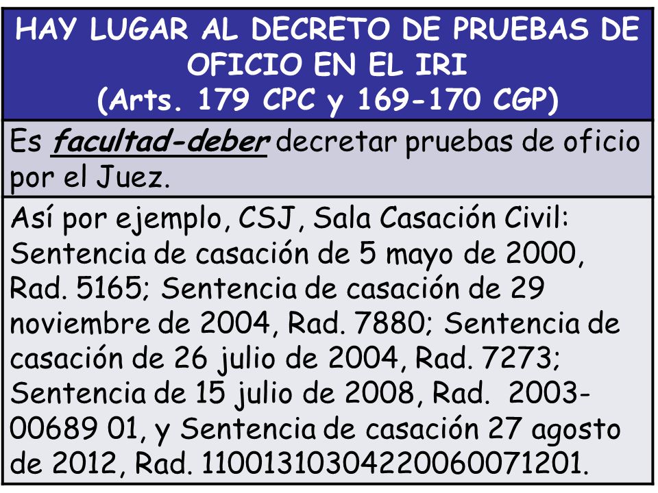 HAY LUGAR AL DECRETO DE PRUEBAS DE OFICIO EN EL IRI