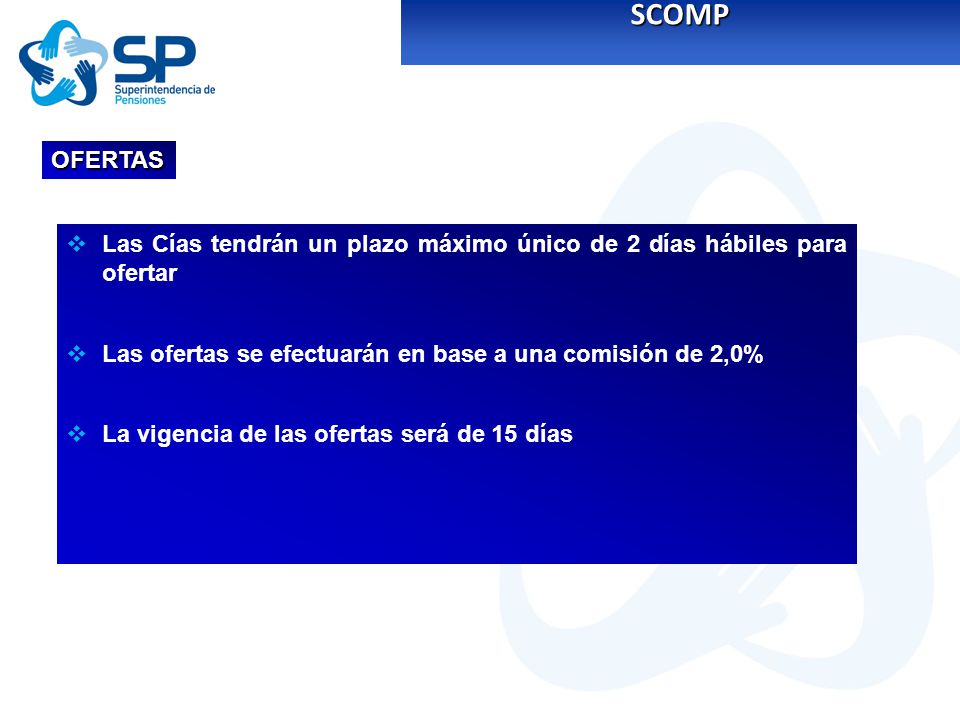 SCOMP OFERTAS. Las Cías tendrán un plazo máximo único de 2 días hábiles para ofertar. Las ofertas se efectuarán en base a una comisión de 2,0%
