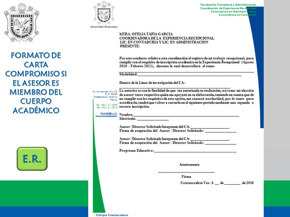 FORMATO DE CARTA COMPROMISO SI EL ASESOR ES MIEMBRO DEL CUERPO ACADÉMICO