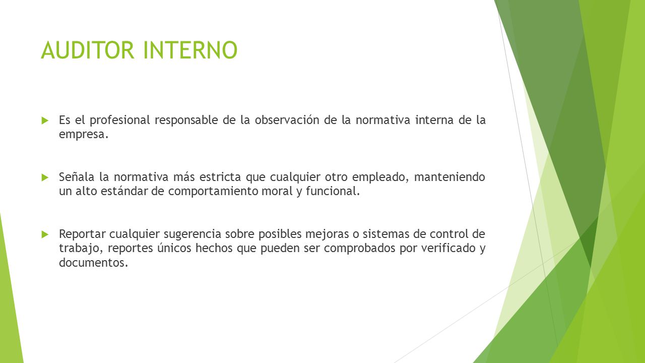 AUDITOR INTERNO Es el profesional responsable de la observación de la normativa interna de la empresa.
