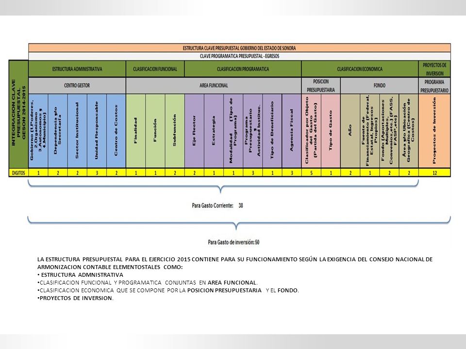 LA ESTRUCTURA PRESUPUESTAL PARA EL EJERCICIO 2015 CONTIENE PARA SU FUNCIONAMIENTO SEGÚN LA EXIGENCIA DEL CONSEJO NACIONAL DE ARMONIZACION CONTABLE ELEMENTOSTALES COMO:
