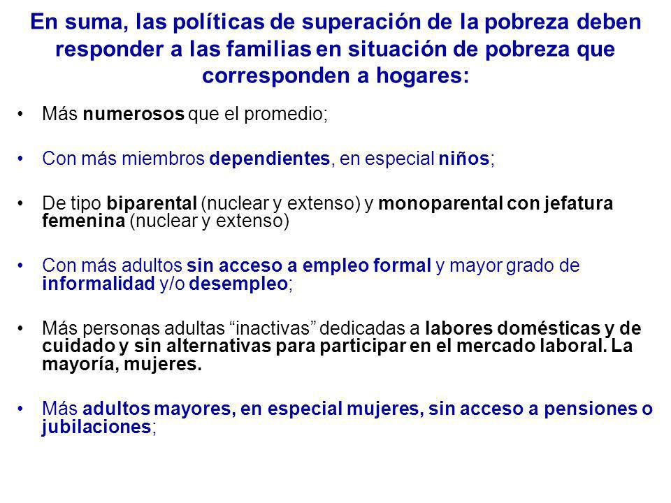 En suma, las políticas de superación de la pobreza deben responder a las familias en situación de pobreza que corresponden a hogares: