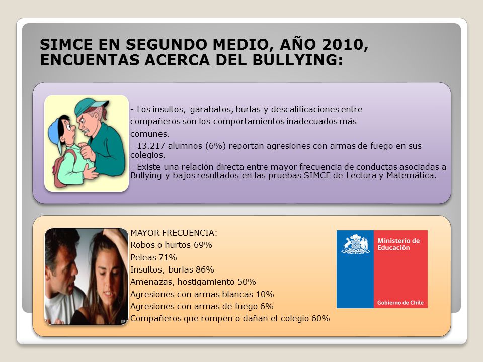 SIMCE EN SEGUNDO MEDIO, AÑO 2010, ENCUENTAS ACERCA DEL BULLYING: