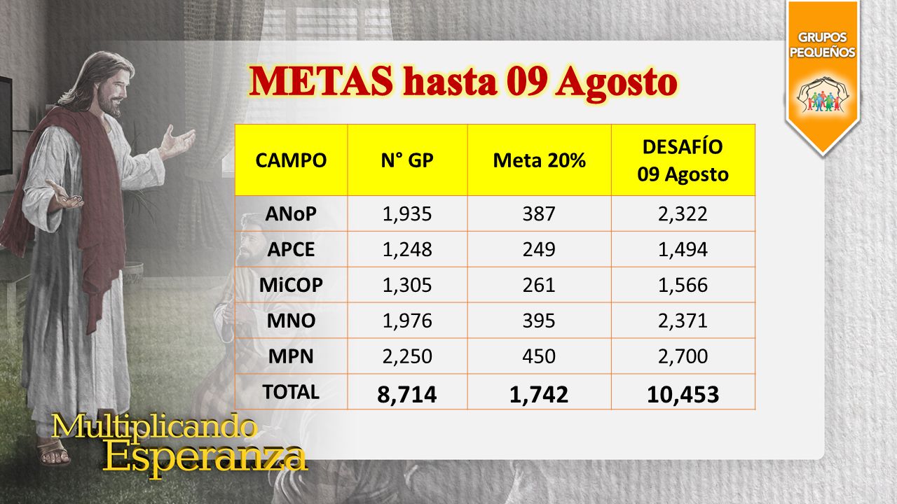 METAS hasta 09 Agosto 8,714 1,742 10,453 CAMPO N° GP Meta 20%