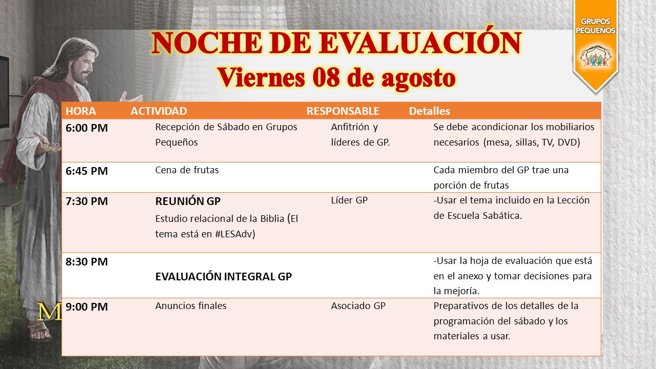 NOCHE DE EVALUACIÓN Viernes 08 de agosto HORA ACTIVIDAD RESPONSABLE