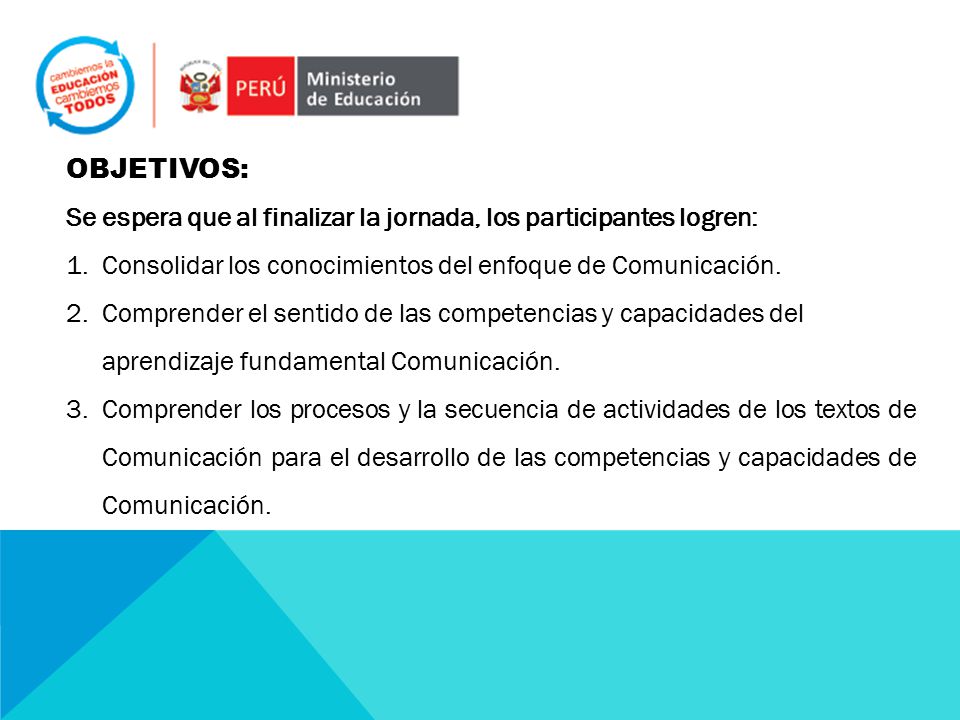 OBJETIVOS: Se espera que al finalizar la jornada, los participantes logren: Consolidar los conocimientos del enfoque de Comunicación.