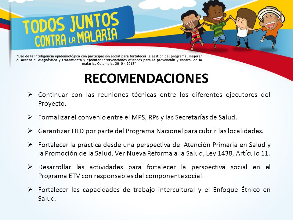 RECOMENDACIONES Continuar con las reuniones técnicas entre los diferentes ejecutores del Proyecto.