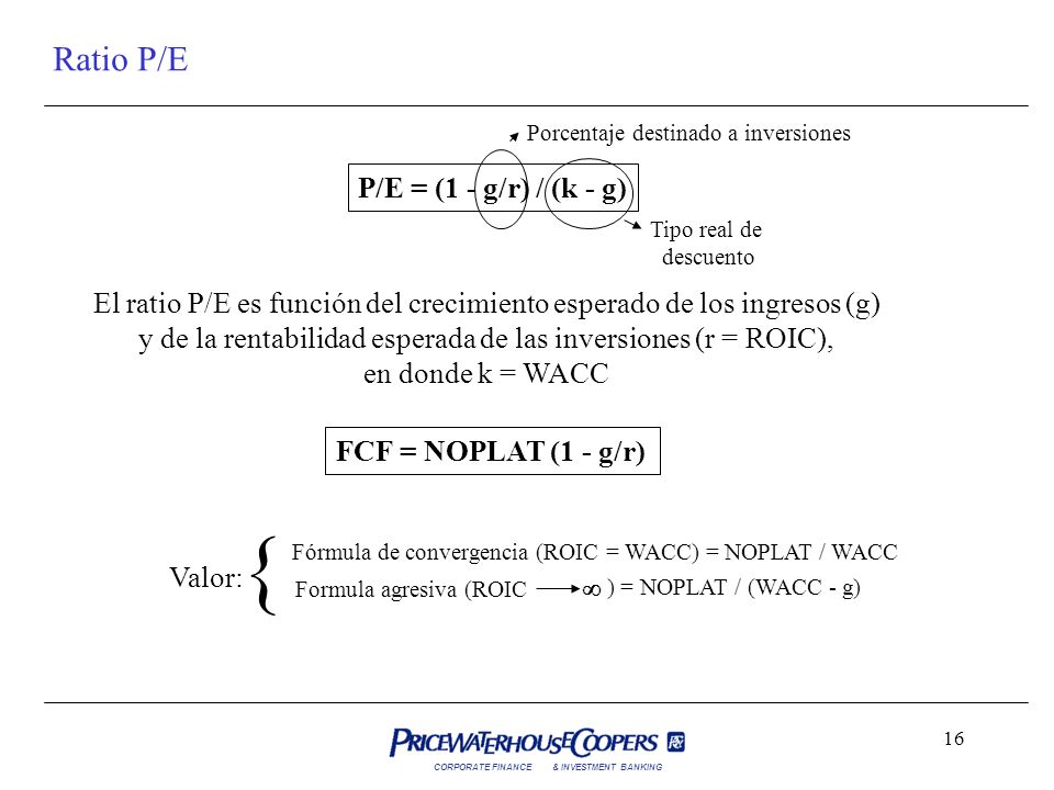 { Ratio P/E P/E = (1 - g/r) / (k - g)