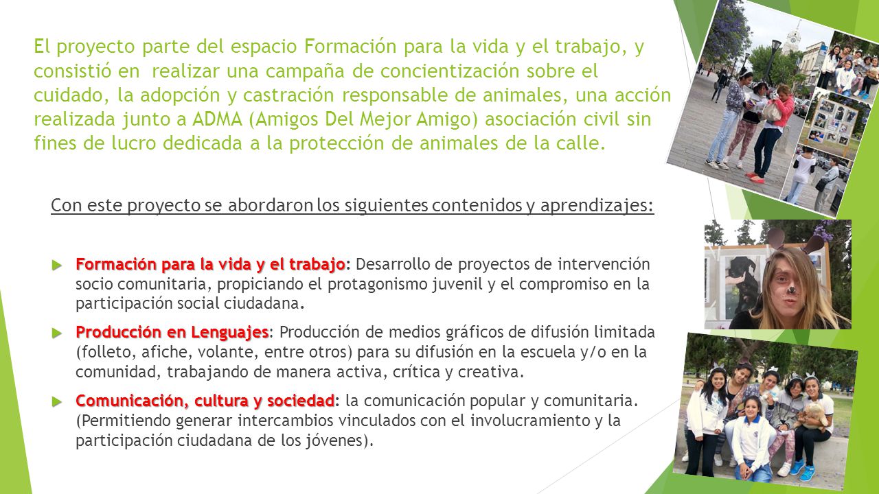 El proyecto parte del espacio Formación para la vida y el trabajo, y consistió en realizar una campaña de concientización sobre el cuidado, la adopción y castración responsable de animales, una acción realizada junto a ADMA (Amigos Del Mejor Amigo) asociación civil sin fines de lucro dedicada a la protección de animales de la calle.