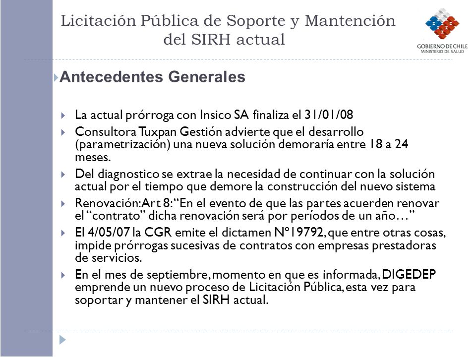 Licitación Pública de Soporte y Mantención del SIRH actual