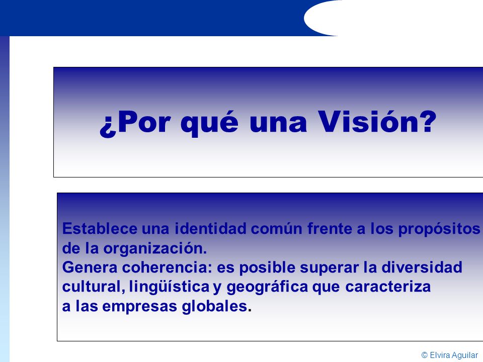 ¿Por qué una Visión Establece una identidad común frente a los propósitos. de la organización. Genera coherencia: es posible superar la diversidad.
