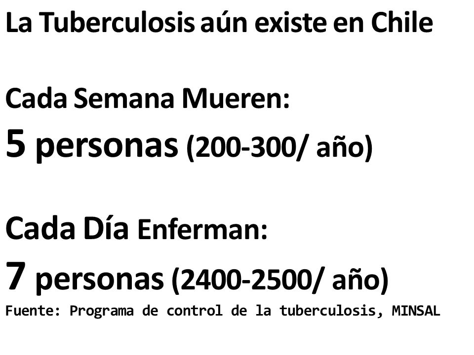 La Tuberculosis aún existe en Chile Cada Semana Mueren: 5 personas ( / año) Cada Día Enferman: 7 personas ( / año) Fuente: Programa de control de la tuberculosis, MINSAL