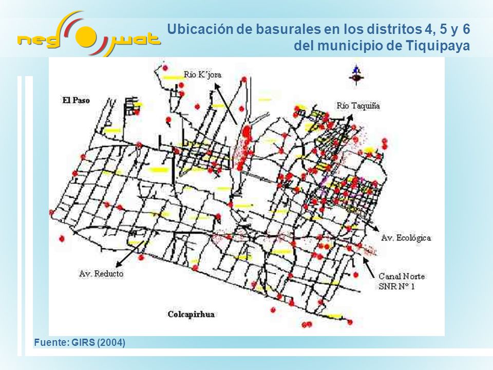Ubicación de basurales en los distritos 4, 5 y 6 del municipio de Tiquipaya