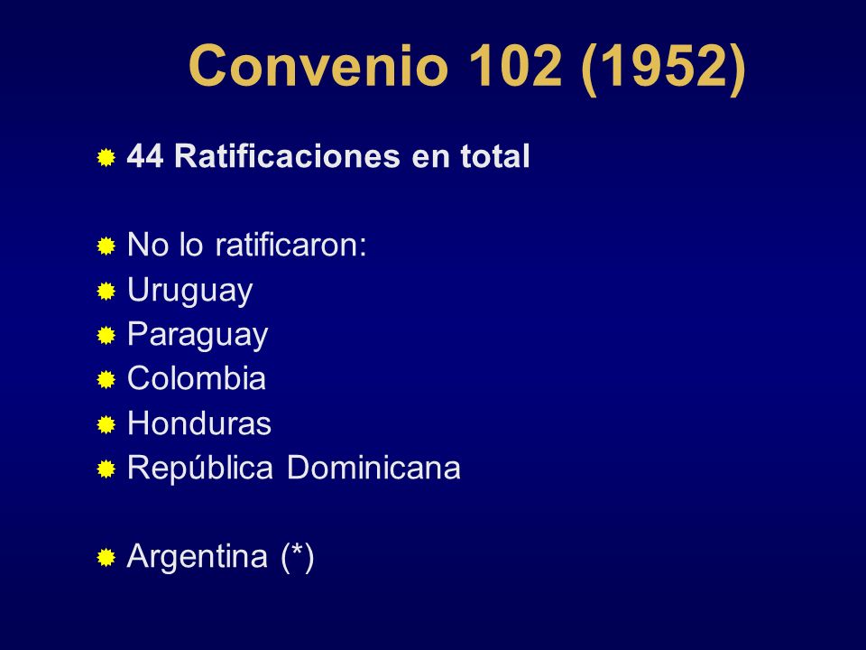 Convenio 102 (1952) 44 Ratificaciones en total No lo ratificaron: