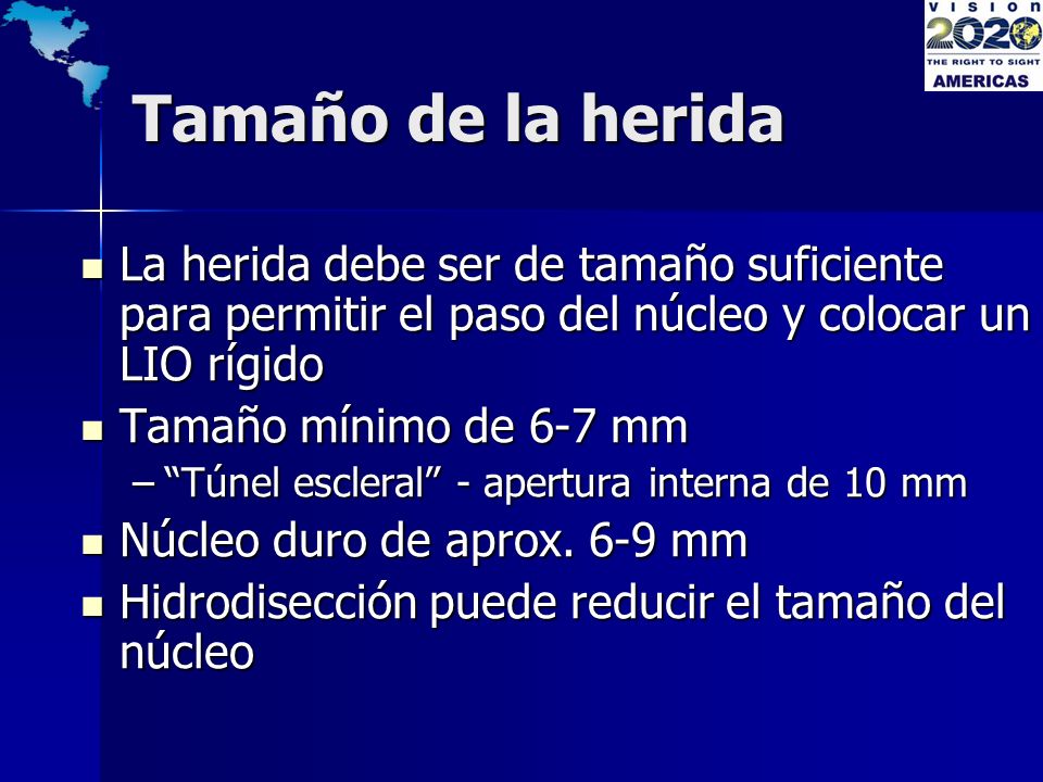 Tamaño de la herida La herida debe ser de tamaño suficiente para permitir el paso del núcleo y colocar un LIO rígido.