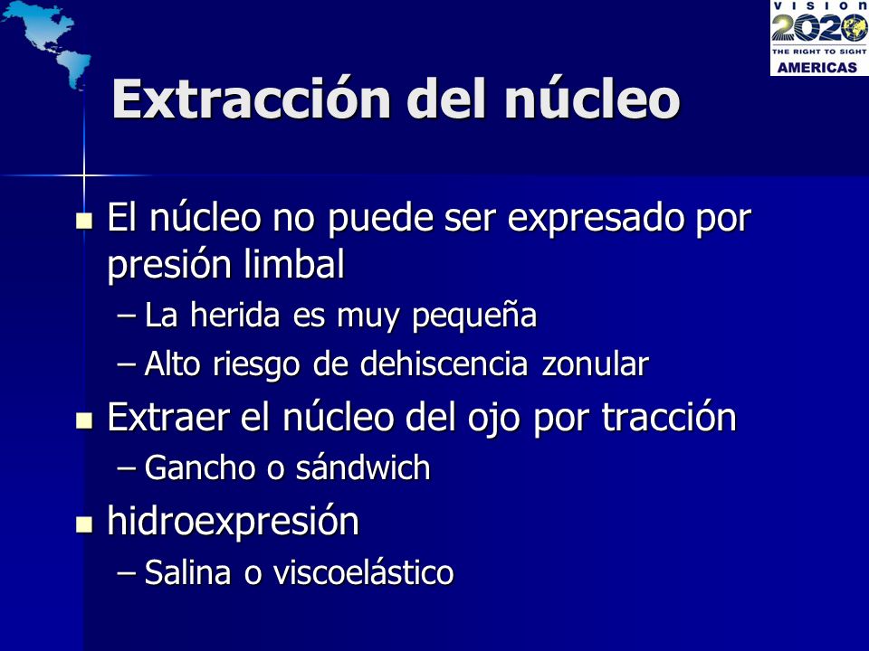 Extracción del núcleo El núcleo no puede ser expresado por presión limbal. La herida es muy pequeña.