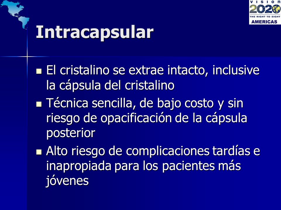 Intracapsular El cristalino se extrae intacto, inclusive la cápsula del cristalino.