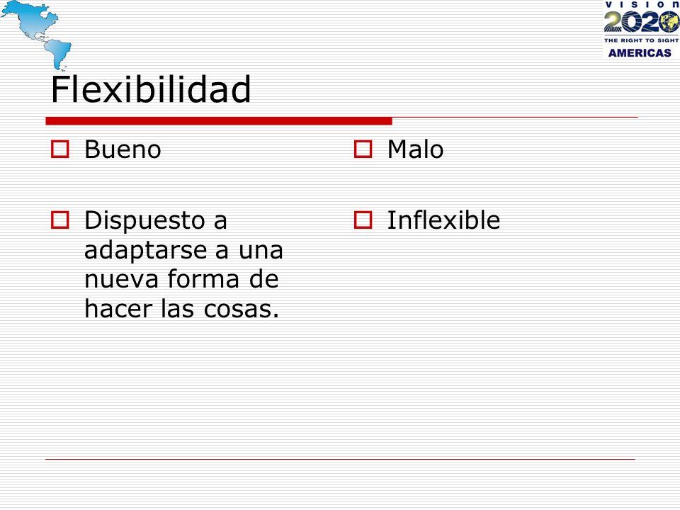 Flexibilidad Bueno Dispuesto a adaptarse a una nueva forma de hacer las cosas. Malo Inflexible