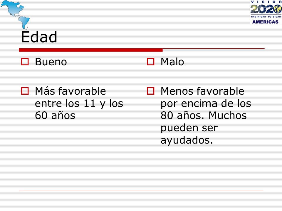 Edad Bueno Más favorable entre los 11 y los 60 años Malo
